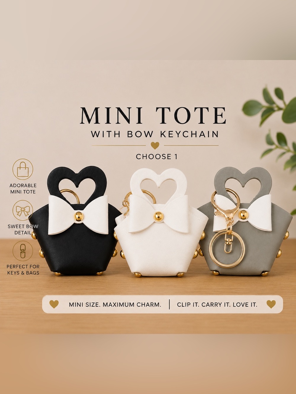 Mini Tote Keychain with Bow in Various Colors - Choose 1